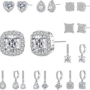 Buy 1 Get 10 Silver Sterling Cubic Zirconia Stud Earrings Set for Men Women - Hy
